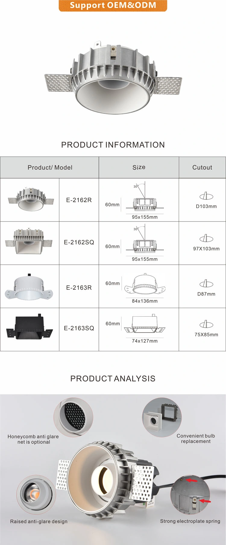 Aluminium Round Lamp Housing LED Downlight Recessed Module Spot Light Fixture GU10 Downlight Frame Trimless Plaster-in Downlight Best for Project